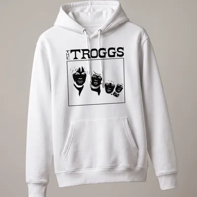 Silhouette of The Troggs band members with bold text in black and white — printed on a unisex hoodie