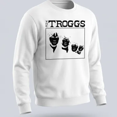 Silhouette of The Troggs band members with bold text in black and white — printed on a unisex sweatshirt