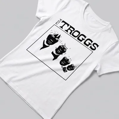 Silhouette of The Troggs band members with bold text in black and white — printed on a women's shirt