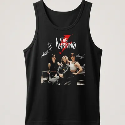 Stylized illustration of The Warning rock band in red, white, and black — printed on a tank top