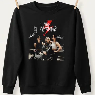 Stylized illustration of The Warning rock band in red, white, and black — printed on a unisex sweatshirt