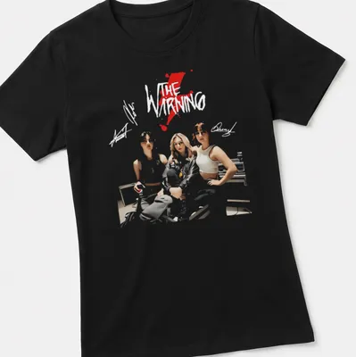 Stylized illustration of The Warning rock band in red, white, and black — printed on a women's shirt