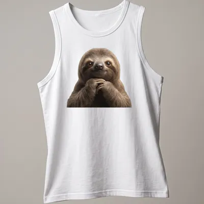 Realistic illustration of a cute three-toed sloth in brown and cream tones — printed on a tank top