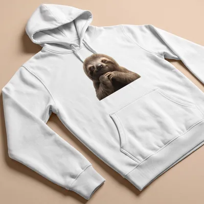 Realistic illustration of a cute three-toed sloth in brown and cream tones — printed on a unisex hoodie