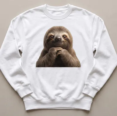 Realistic illustration of a cute three-toed sloth in brown and cream tones — printed on a unisex sweatshirt