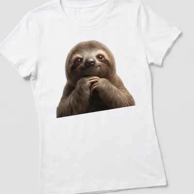 Realistic illustration of a cute three-toed sloth in brown and cream tones — printed on a women's shirt