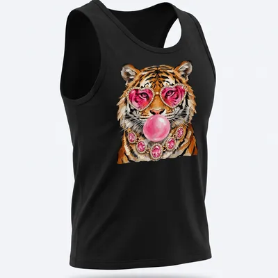 Colorful illustration of a tiger with heart sunglasses and bubble gum — printed on a tank top