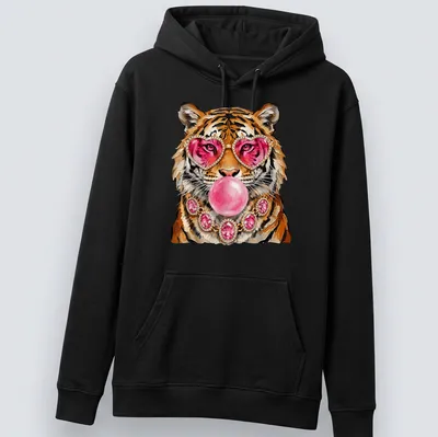 Colorful illustration of a tiger with heart sunglasses and bubble gum — printed on a unisex hoodie