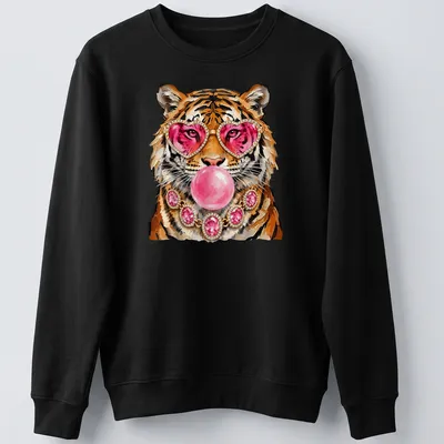 Colorful illustration of a tiger with heart sunglasses and bubble gum — printed on a unisex sweatshirt