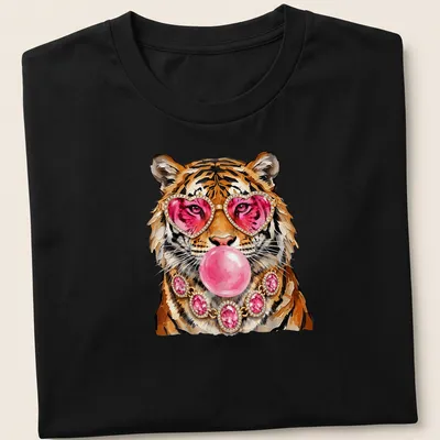 Colorful illustration of a tiger with heart sunglasses and bubble gum