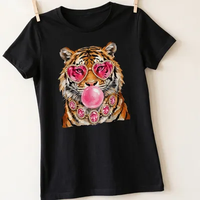 Colorful illustration of a tiger with heart sunglasses and bubble gum — printed on a women's shirt
