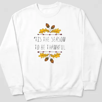 Hand-drawn illustration of autumn leaves and acorns with text 'TIS THE SEASON TO BE THANKFUL' — printed on a unisex sweatshirt