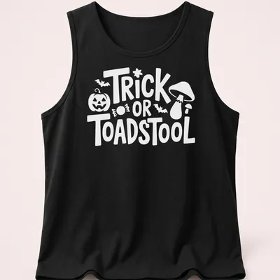 Cartoon-style T-shirt featuring a whimsical toadstool and playful lettering — printed on a tank top