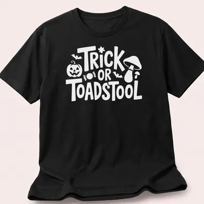 Cartoon-style T-shirt featuring a whimsical toadstool and playful lettering — printed on a unisex t-shirt