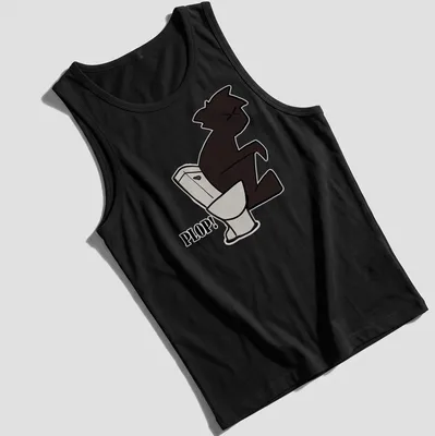 Cartoon little guy sitting on a toilet with the word 'PLOP!' above him — printed on a tank top