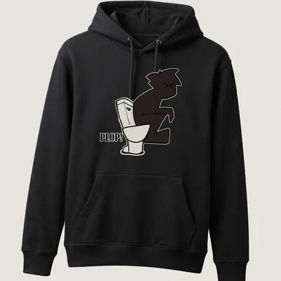 Cartoon little guy sitting on a toilet with the word 'PLOP!' above him — printed on a unisex hoodie