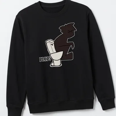 Cartoon little guy sitting on a toilet with the word 'PLOP!' above him — printed on a unisex sweatshirt