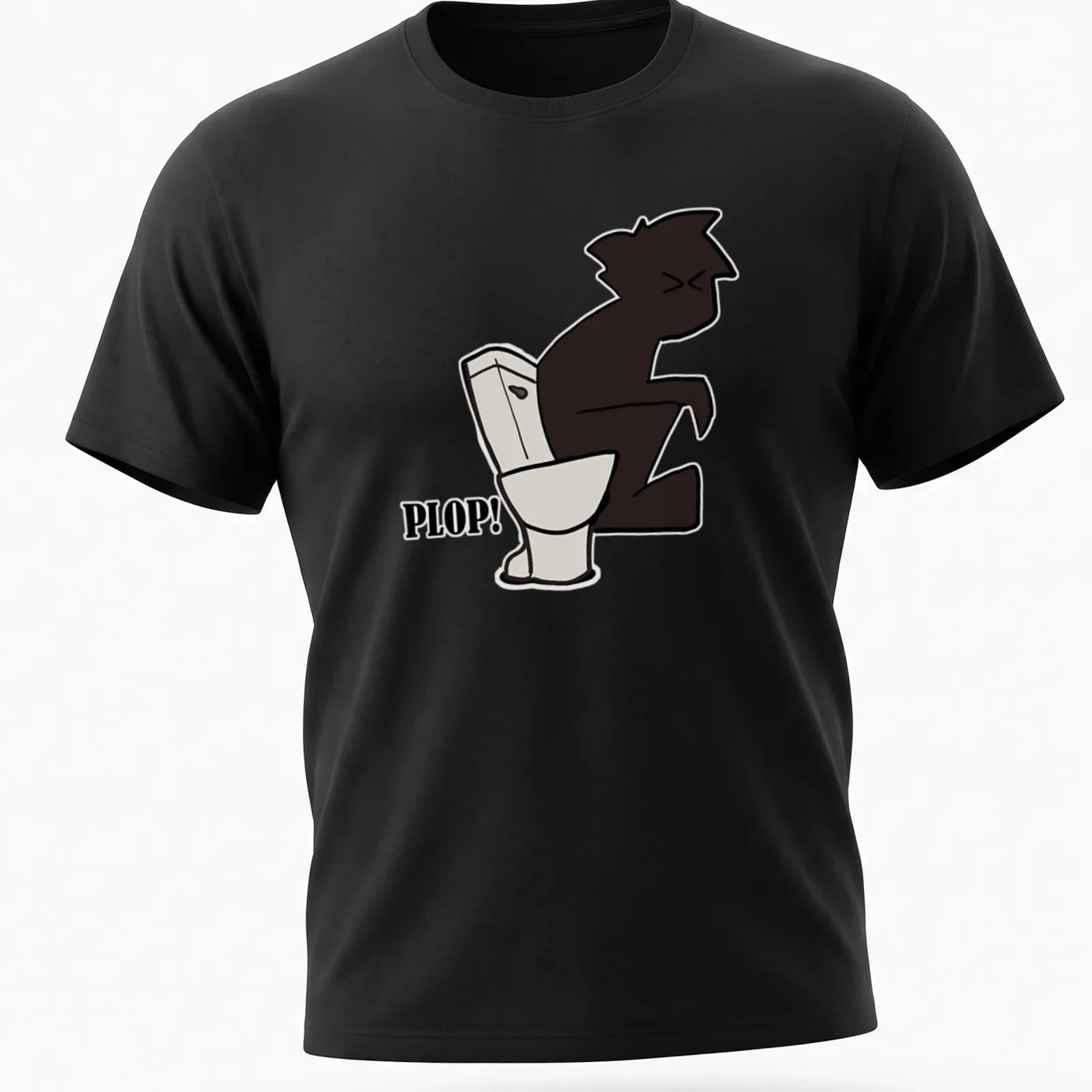 Cartoon little guy sitting on a toilet with the word 'PLOP!' above him — printed on a unisex t-shirt