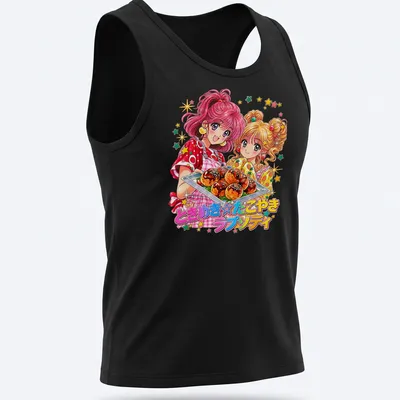 Colorful anime design featuring Tokimeki Girls with takoyaki — printed on a tank top