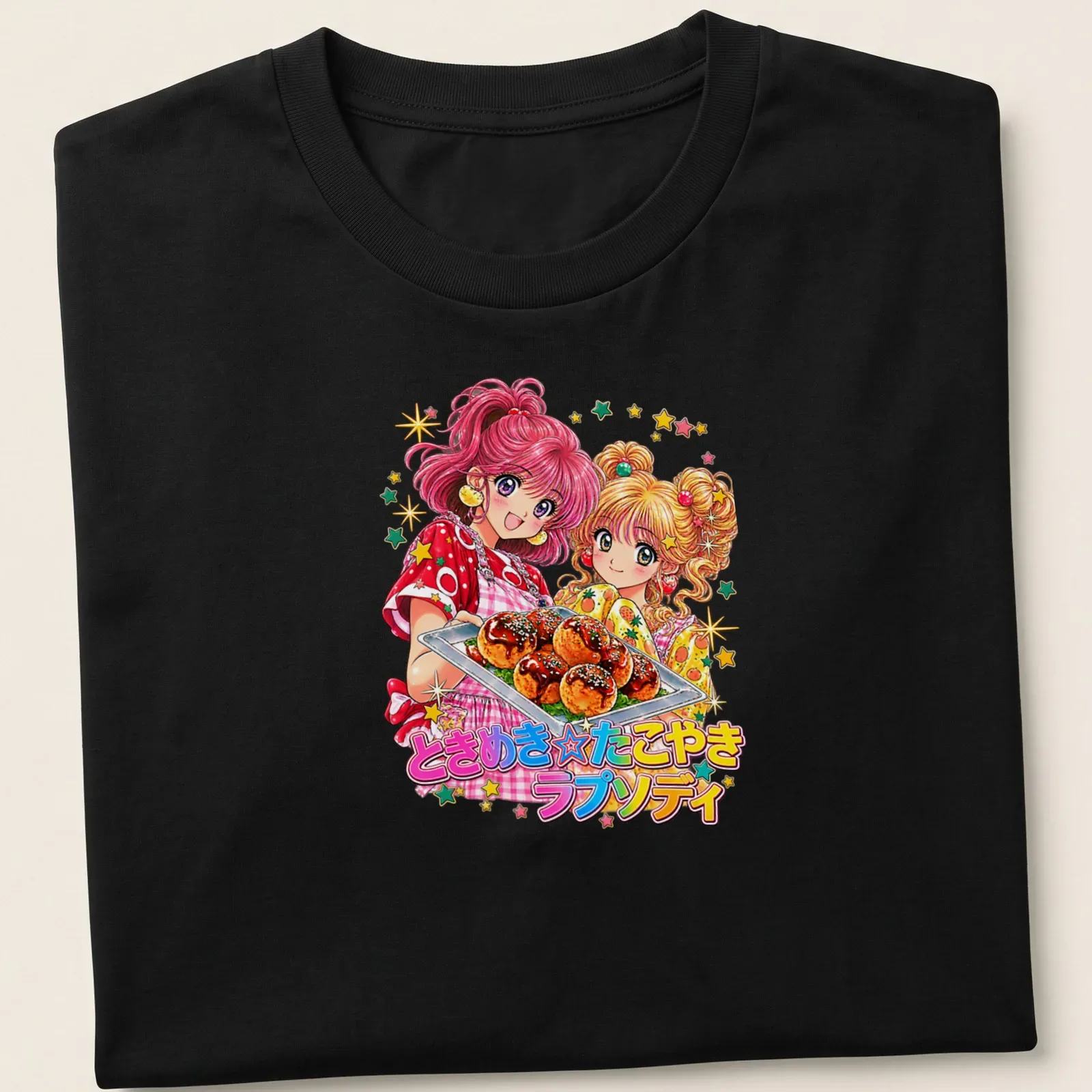 Colorful anime design featuring Tokimeki Girls with takoyaki — printed on a unisex t-shirt