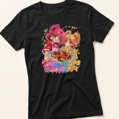 Colorful anime design featuring Tokimeki Girls with takoyaki — printed on a women's shirt