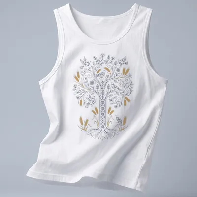 Tree of Life design featuring birds and wheat in blue, gold, and white — printed on a tank top