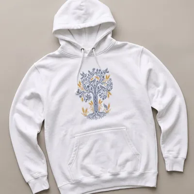 Tree of Life design featuring birds and wheat in blue, gold, and white — printed on a unisex hoodie