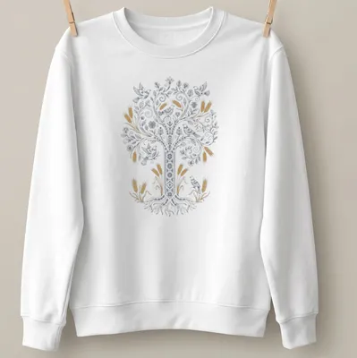 Tree of Life design featuring birds and wheat in blue, gold, and white — printed on a unisex sweatshirt