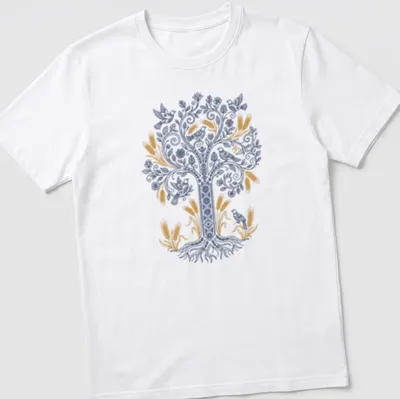 Tree of Life design featuring birds and wheat in blue, gold, and white