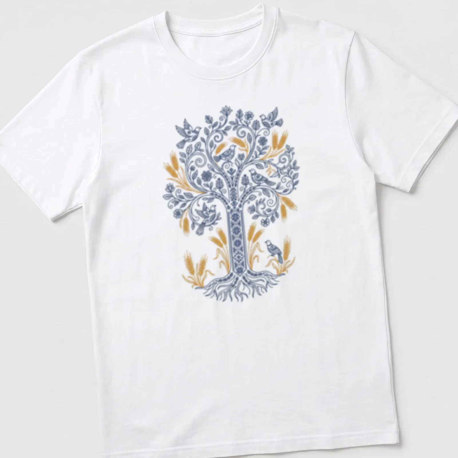 Tree of Life design featuring birds and wheat in blue, gold, and white — printed on a unisex t-shirt