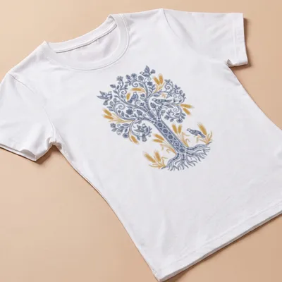 Tree of Life design featuring birds and wheat in blue, gold, and white — printed on a women's shirt