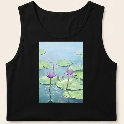 Illustrative t-shirt featuring purple lotus flowers on a pond — printed on a tank top