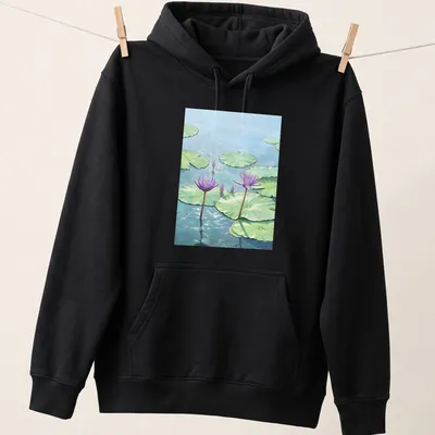 Illustrative t-shirt featuring purple lotus flowers on a pond — printed on a unisex hoodie