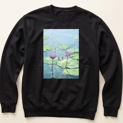 Illustrative t-shirt featuring purple lotus flowers on a pond — printed on a unisex sweatshirt