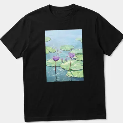 Illustrative t-shirt featuring purple lotus flowers on a pond