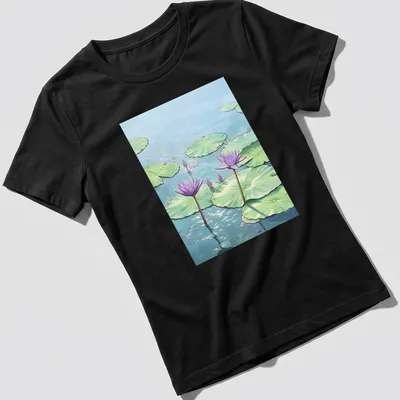 Illustrative t-shirt featuring purple lotus flowers on a pond — printed on a women's shirt