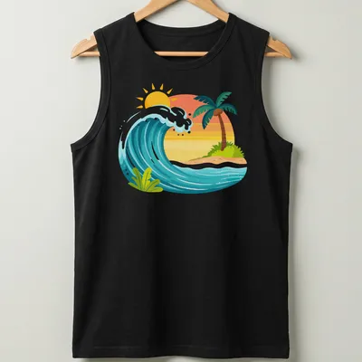 Cartoon style tropical waves and sunset graphic in blue, yellow, and orange — printed on a tank top