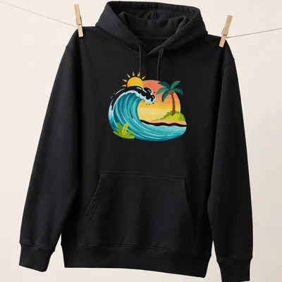 Cartoon style tropical waves and sunset graphic in blue, yellow, and orange — printed on a unisex hoodie