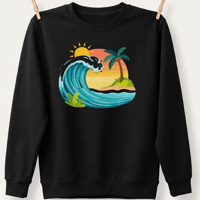 Cartoon style tropical waves and sunset graphic in blue, yellow, and orange — printed on a unisex sweatshirt