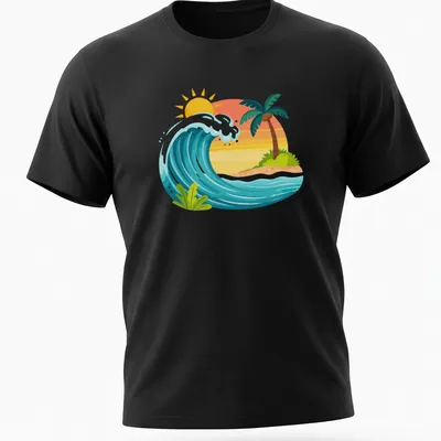 Cartoon style tropical waves and sunset graphic in blue, yellow, and orange