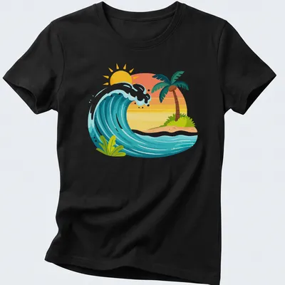 Cartoon style tropical waves and sunset graphic in blue, yellow, and orange — printed on a women's shirt