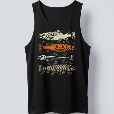Vintage humor t-shirt with a trout skeleton beneath a pumpkin graphic — printed on a tank top