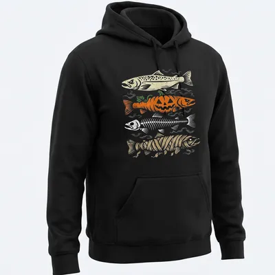 Vintage humor t-shirt with a trout skeleton beneath a pumpkin graphic — printed on a unisex hoodie