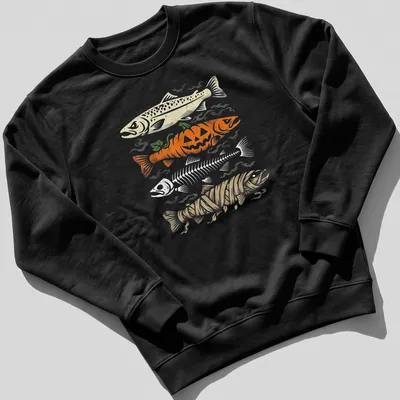 Vintage humor t-shirt with a trout skeleton beneath a pumpkin graphic — printed on a unisex sweatshirt