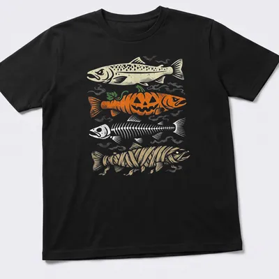 Vintage humor t-shirt with a trout skeleton beneath a pumpkin graphic