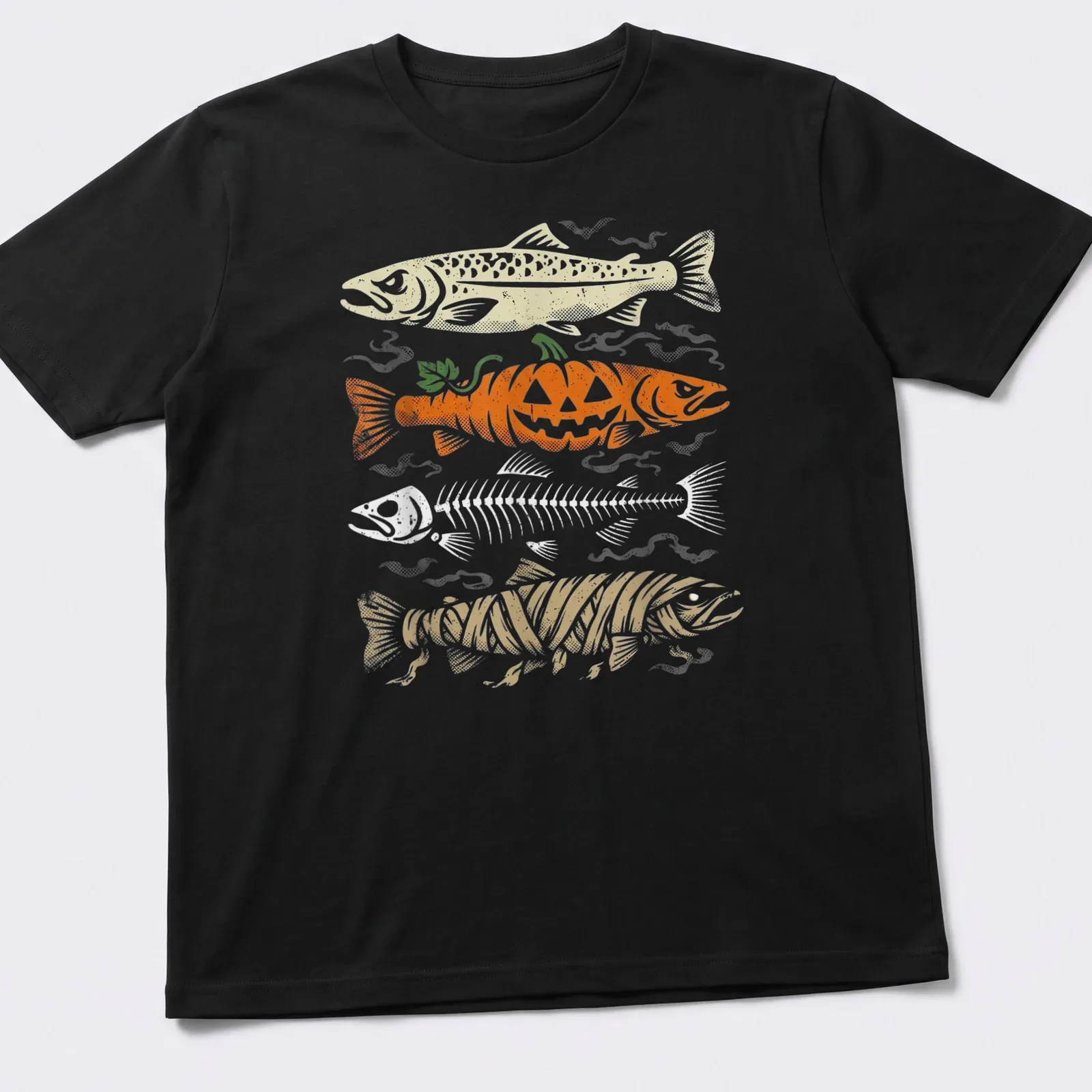Vintage humor t-shirt with a trout skeleton beneath a pumpkin graphic — printed on a unisex t-shirt