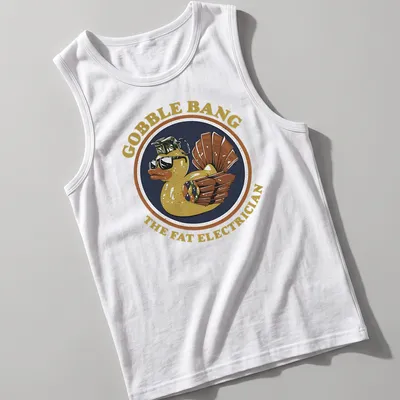 Vintage badge style T-shirt featuring a Turkey Duck Hybrid with humorous text — printed on a tank top