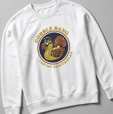 Vintage badge style T-shirt featuring a Turkey Duck Hybrid with humorous text — printed on a unisex sweatshirt