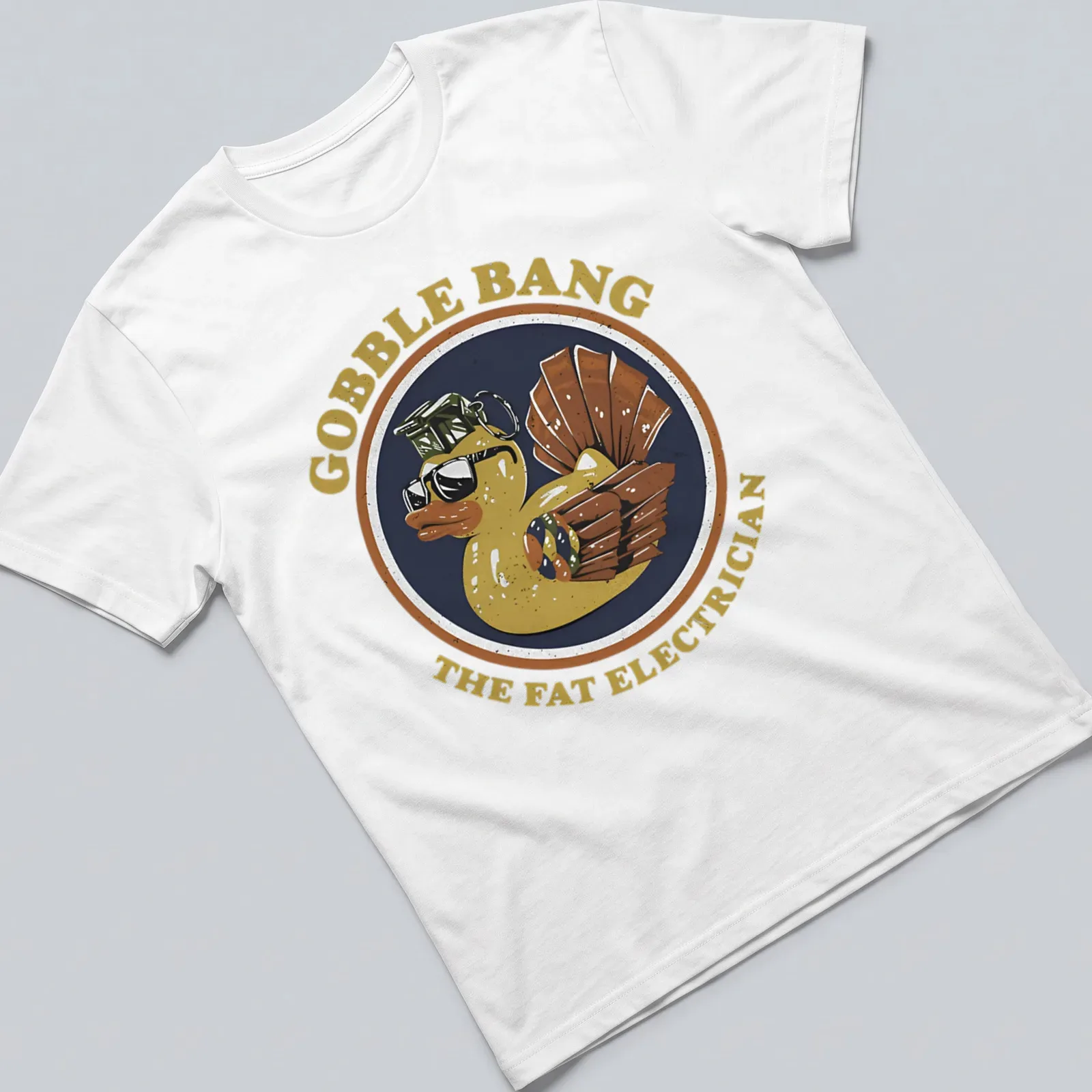 Vintage badge style T-shirt featuring a Turkey Duck Hybrid with humorous text — printed on a unisex t-shirt