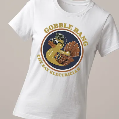 Vintage badge style T-shirt featuring a Turkey Duck Hybrid with humorous text — printed on a women's shirt